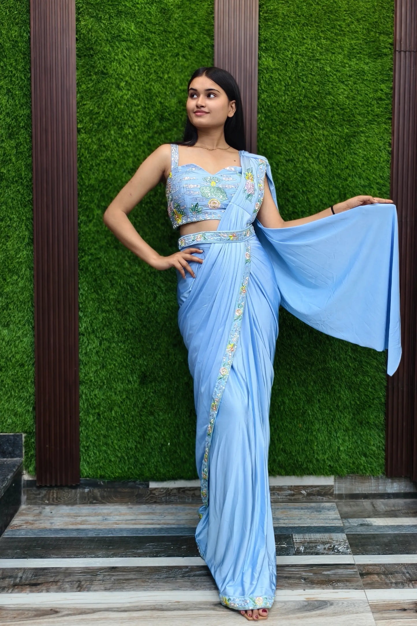 Girlish Hand Work Blouse Ready To Wear Drape Saree with Belt