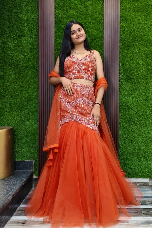 Beautiful Hand Embroidered Fish Cut Lehenga Choli Dress