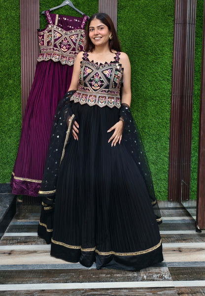 Spaghetti Style Multi Embroidered Mirror Work Anarkali Dress in Chinnon Silk