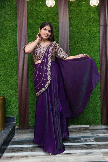 Organza Hand Work Drape Saree In Pastel Shade