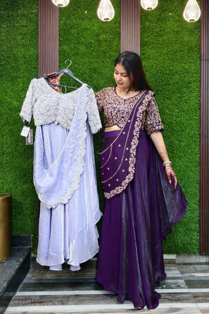 Organza Hand Work Drape Saree In Pastel Shade