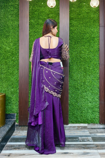 Organza Hand Work Drape Saree In Pastel Shade
