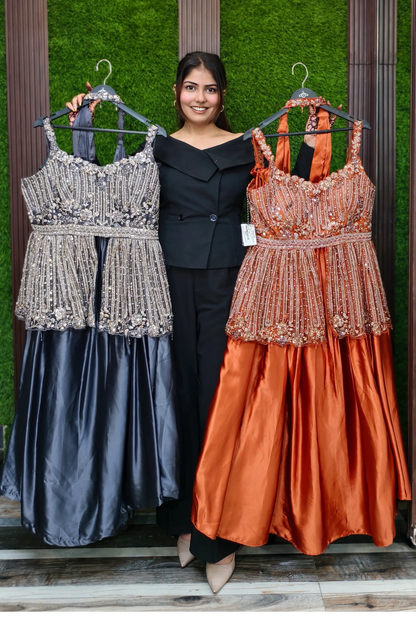 Peplum Style Embellished Indo Western Dress with Skirt and Choker Dupatta