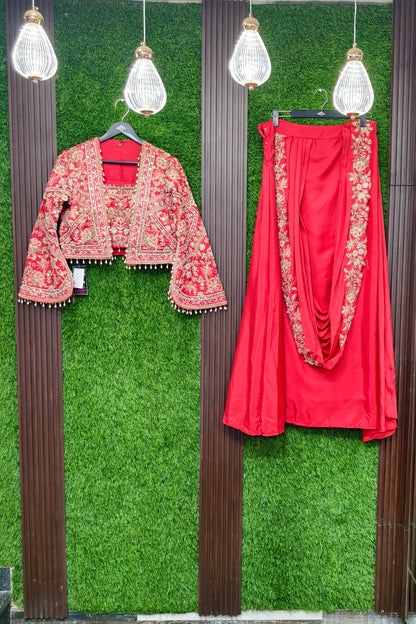 Designer Silk Embroidered Drape Saree with Stylish Separate Short Jacket For Enhancing Look