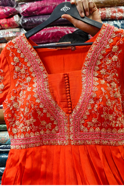 Full Sleeve Chinnon Silk Anarkali Dress with Hand Work Detailing