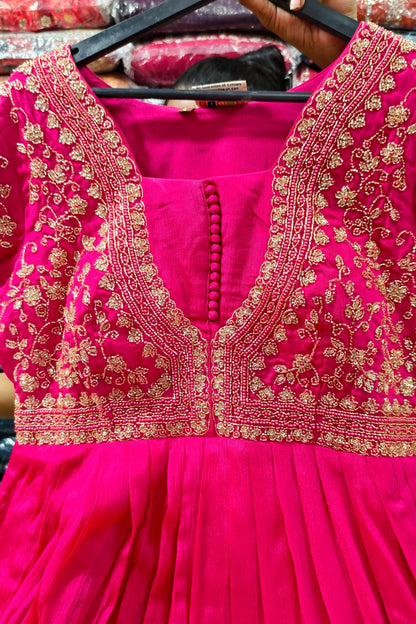 Full Sleeve Chinnon Silk Anarkali Dress with Hand Work Detailing