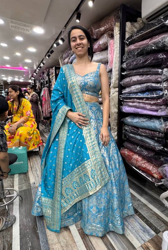 Designer Pure Banarasi Anarkali Lehenga with Spaghetti Style Girlish Blouse and Matching Dupatta