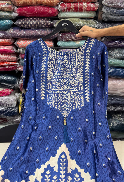 Digital Print Gajji Silk A-Line Palazzo Suit with Yoke Embroidery