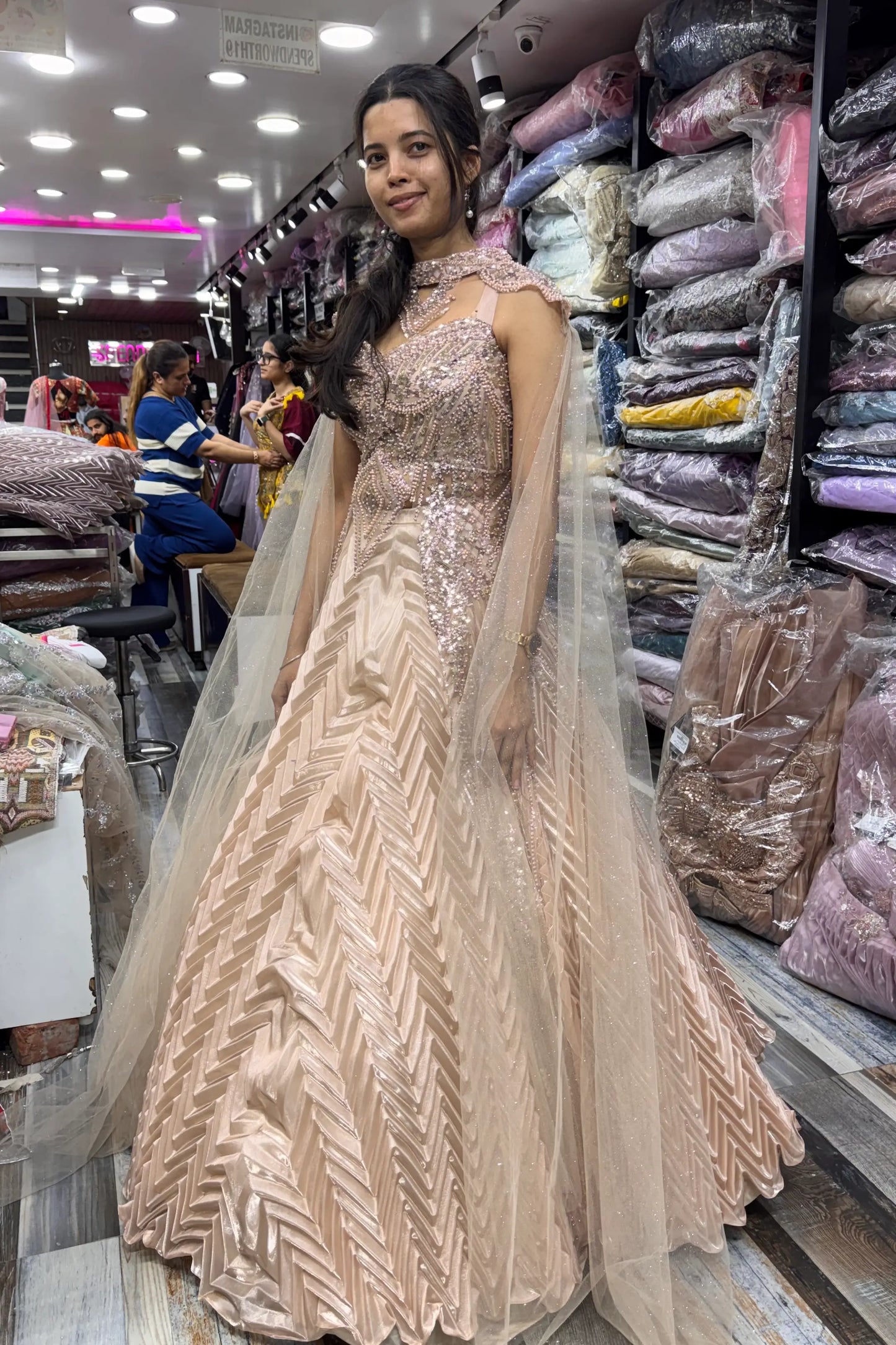 Handworked Indo-Western Pleated Lehenga with Designer Long Upper & Separate Cape