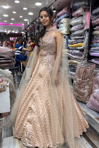 Handworked Indo-Western Pleated Lehenga with Designer Long Upper & Separate Cape