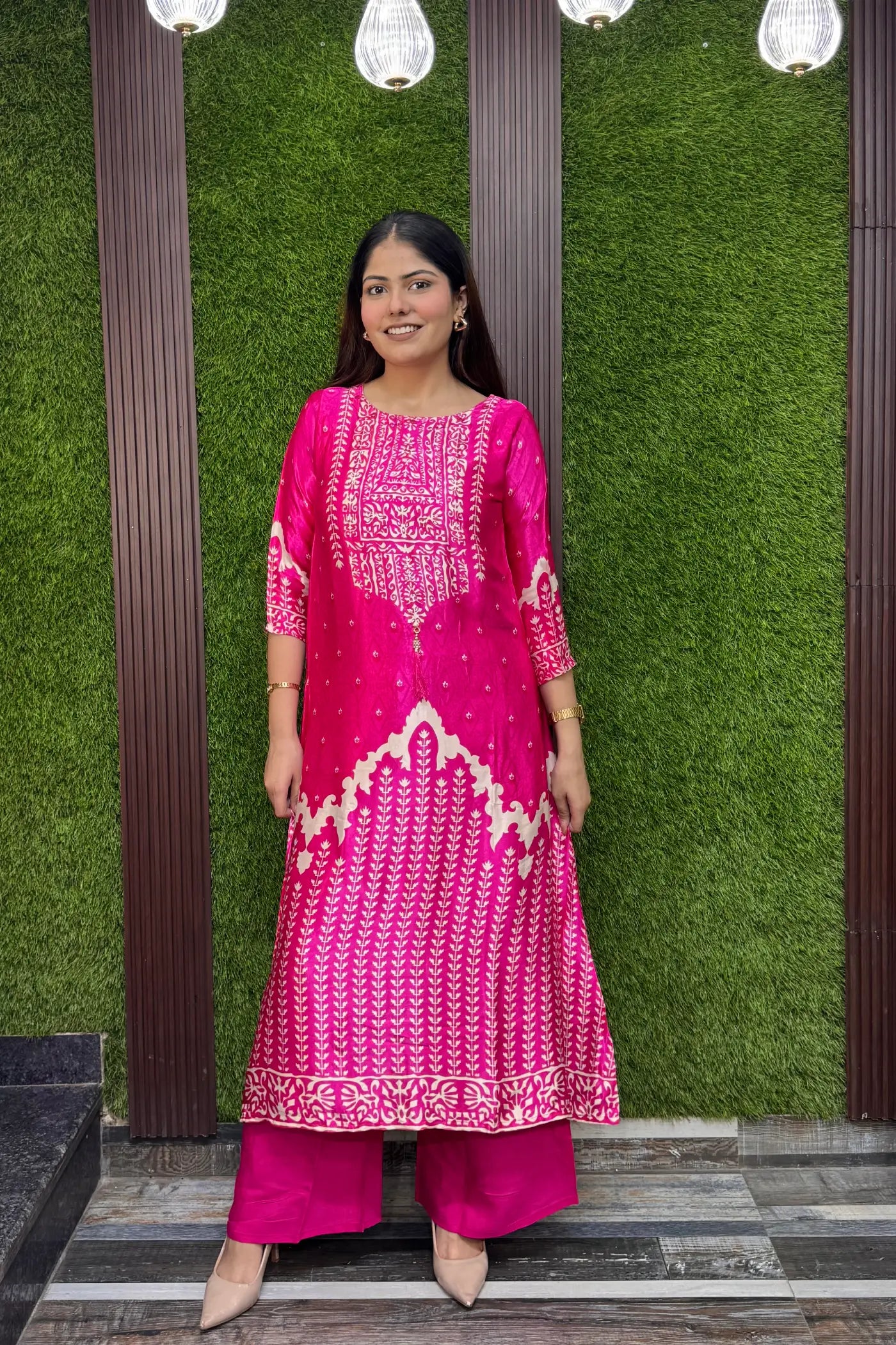 Digital Print Gajji Silk A-Line Palazzo Suit with Yoke Embroidery