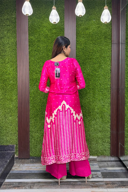 Digital Print Gajji Silk A-Line Palazzo Suit with Yoke Embroidery