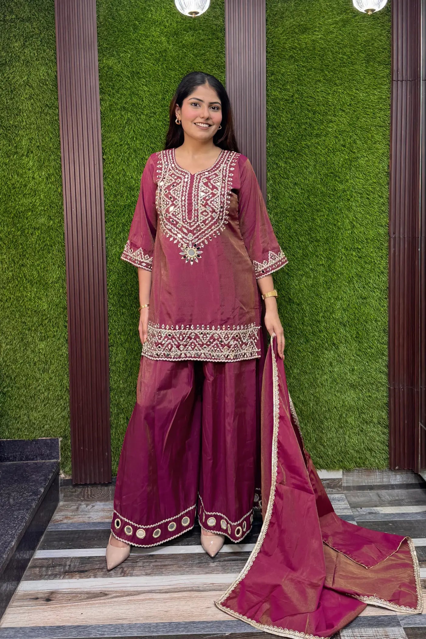 Tissue Silk Party Wear Mirror Work Palazzo Suit with Embroidered Bottom & Dupatta