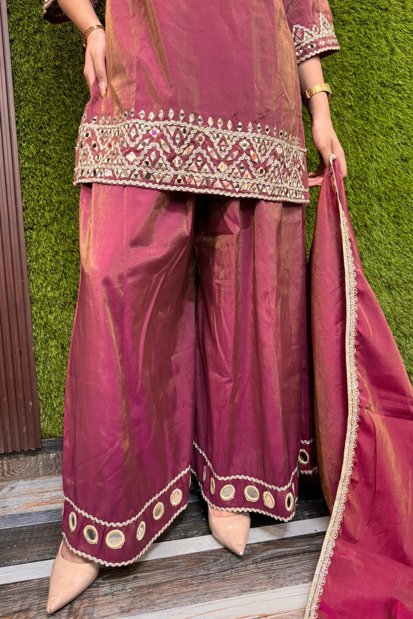 Tissue Silk Party Wear Mirror Work Palazzo Suit with Embroidered Bottom & Dupatta