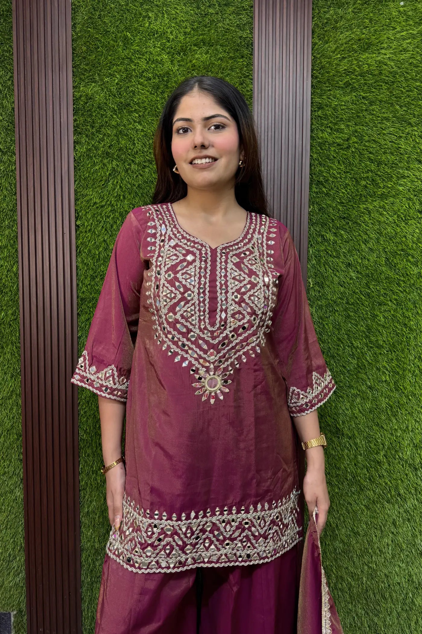 Tissue Silk Party Wear Mirror Work Palazzo Suit with Embroidered Bottom & Dupatta