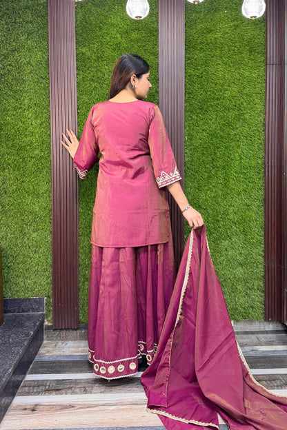 Tissue Silk Party Wear Mirror Work Palazzo Suit with Embroidered Bottom & Dupatta