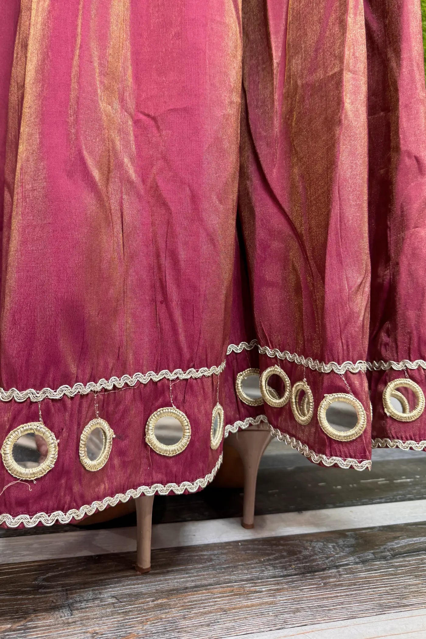 Tissue Silk Party Wear Mirror Work Palazzo Suit with Embroidered Bottom & Dupatta