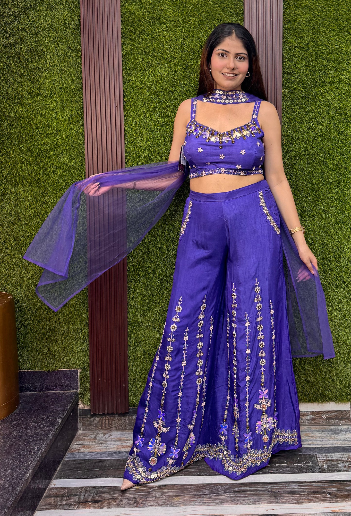 PDP Style Hand Work Crop Top Sharara With Choker Dupatta