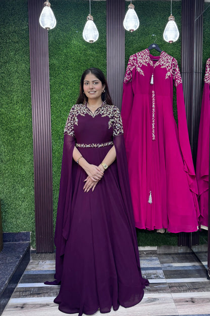 Handworked Georgette Anarkali with Band Neck, Long Sleeves & Waist Belt