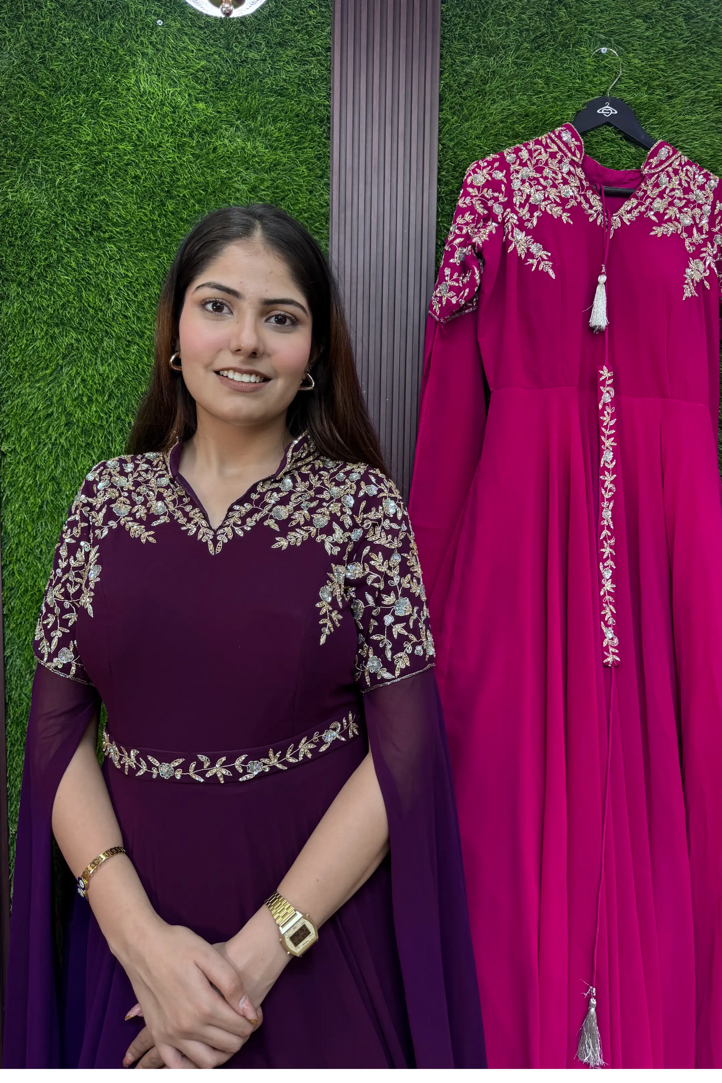 Handworked Georgette Anarkali with Band Neck, Long Sleeves & Waist Belt