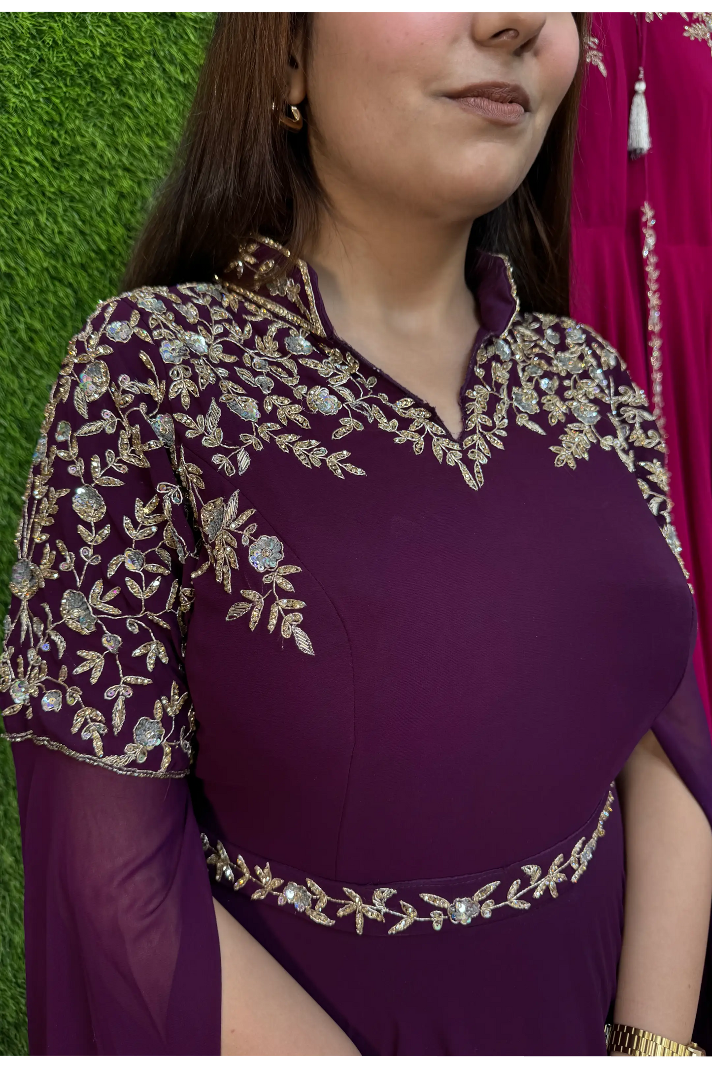 Handworked Georgette Anarkali with Band Neck, Long Sleeves & Waist Belt