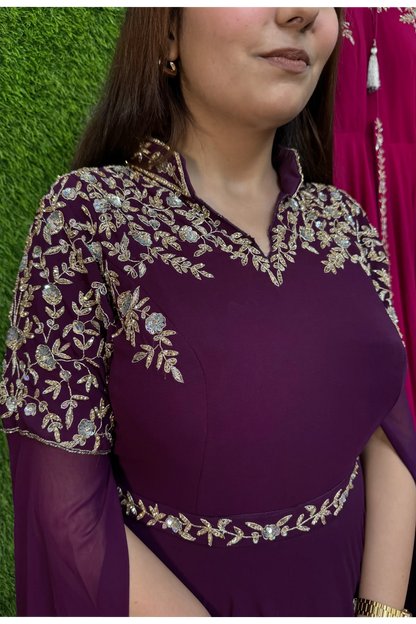 Handworked Georgette Anarkali with Band Neck, Long Sleeves & Waist Belt