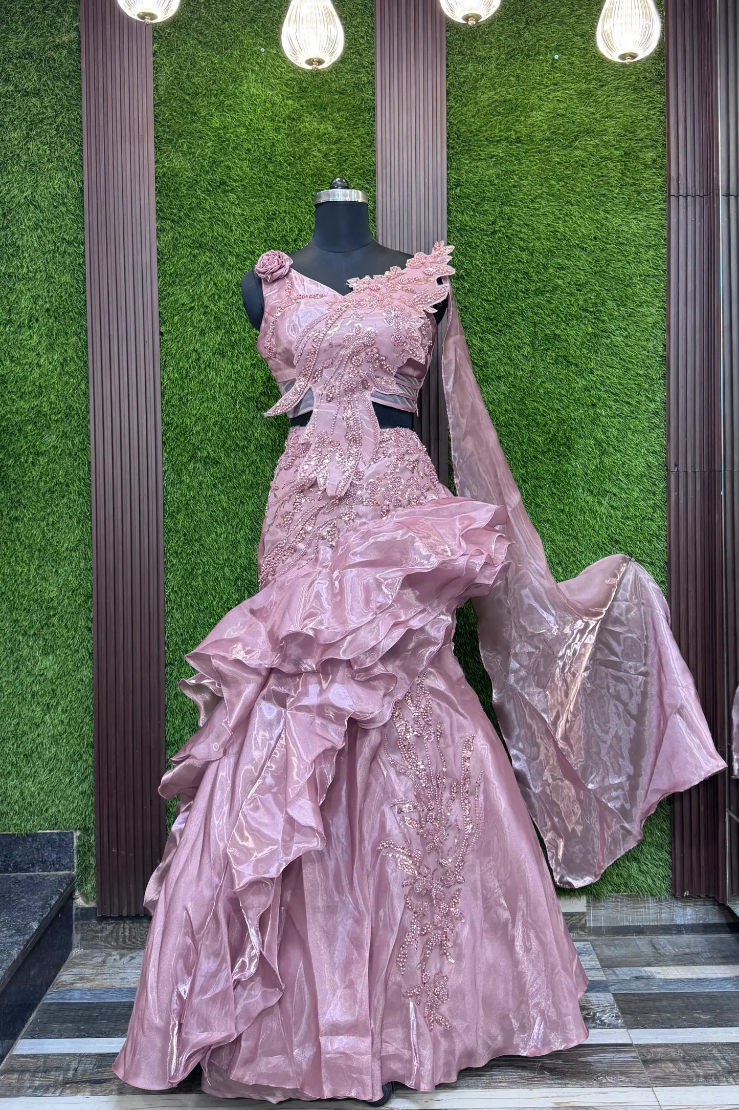 Designer Appliqué Fish Cut Dress with Ruffled Lehenga & Asymmetric Falling Sleeve