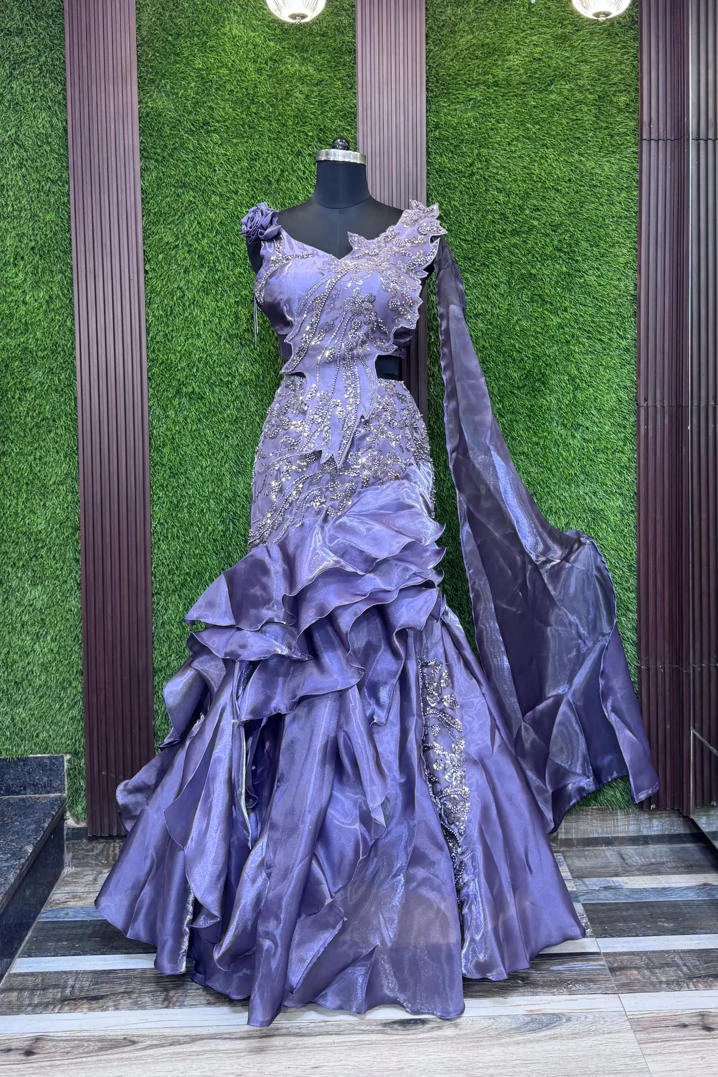 Designer Appliqué Fish Cut Dress with Ruffled Lehenga & Asymmetric Falling Sleeve
