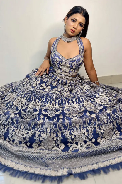 Designer Blouse Lehenga Choli In Mat Blue