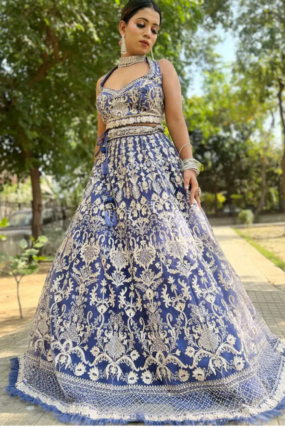 Designer Blouse Lehenga Choli In Mat Blue