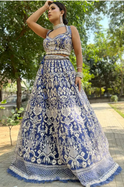 Designer Blouse Lehenga Choli In Mat Blue