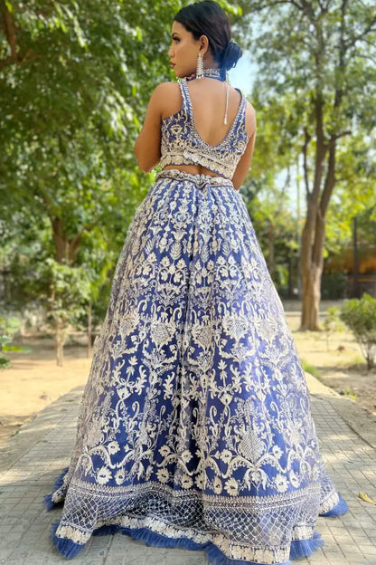 Designer Blouse Lehenga Choli In Mat Blue