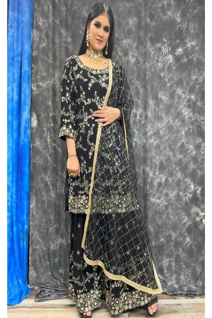 Straight Embroidered Partywear Sharara Suit In Black