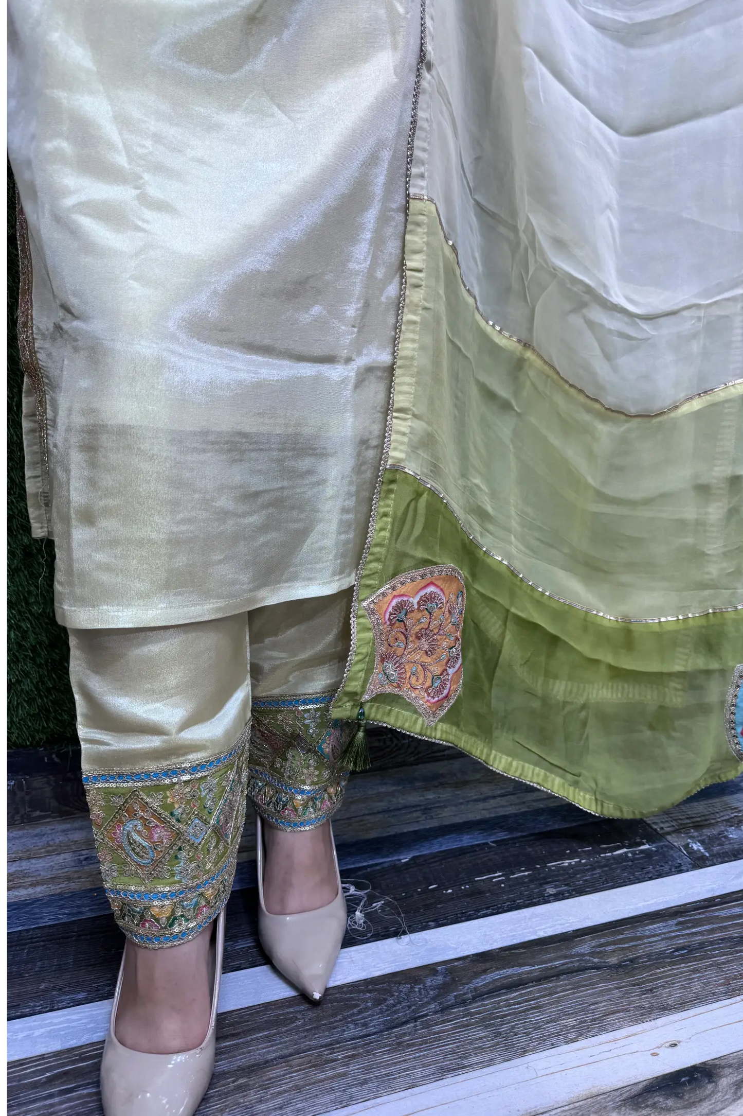Shimmer Tissue Straight Suit with Multi Embroidered Organza Dupatta