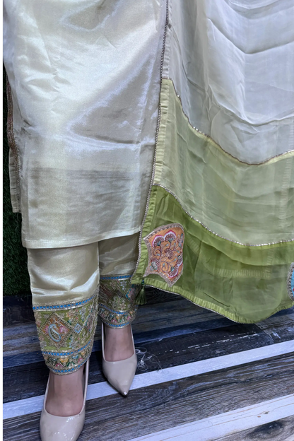 Shimmer Tissue Straight Suit with Multi Embroidered Organza Dupatta