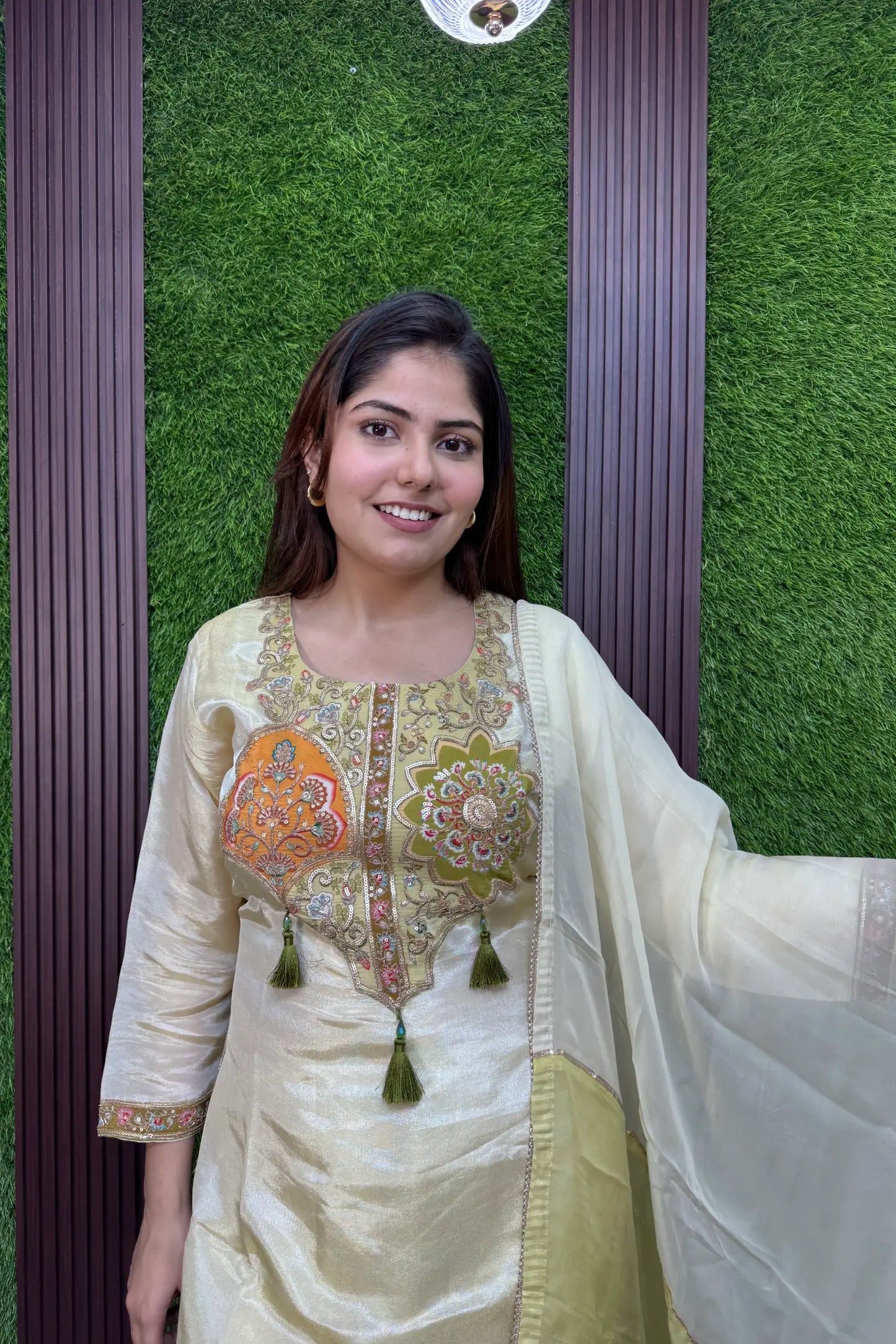 Shimmer Tissue Straight Suit with Multi Embroidered Organza Dupatta