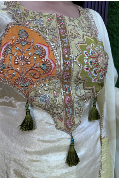 Shimmer Tissue Straight Suit with Multi Embroidered Organza Dupatta