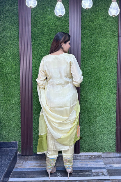 Shimmer Tissue Straight Suit with Multi Embroidered Organza Dupatta