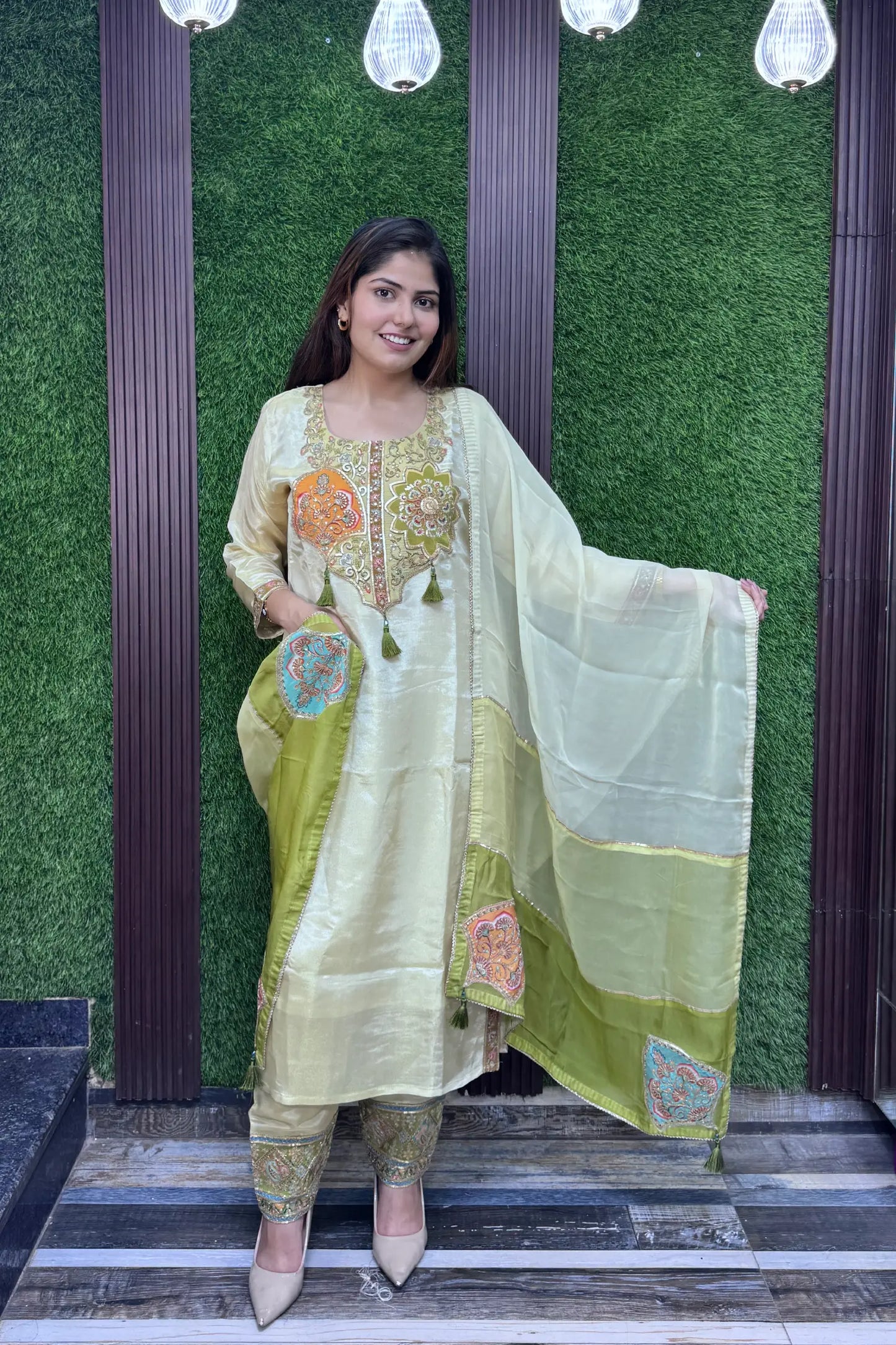 Shimmer Tissue Straight Suit with Multi Embroidered Organza Dupatta
