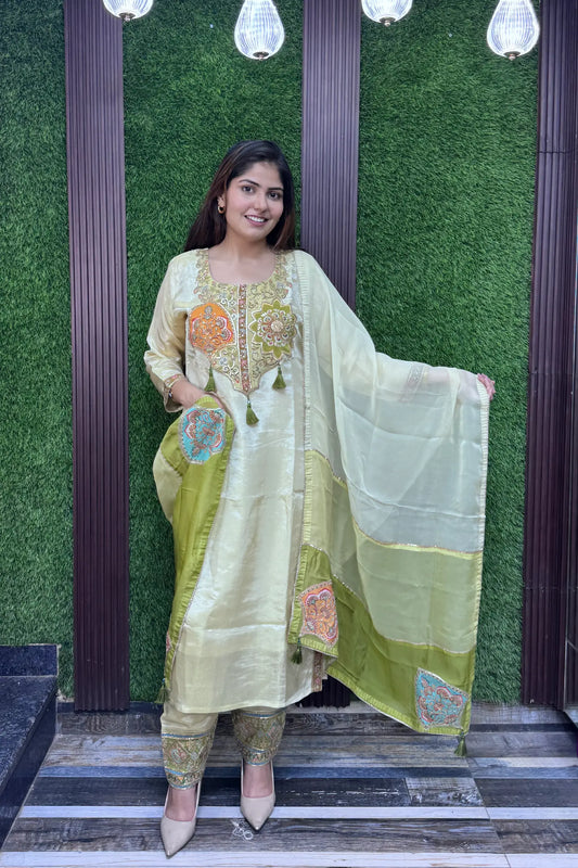 Shimmer Tissue Straight Suit with Multi Embroidered Organza Dupatta