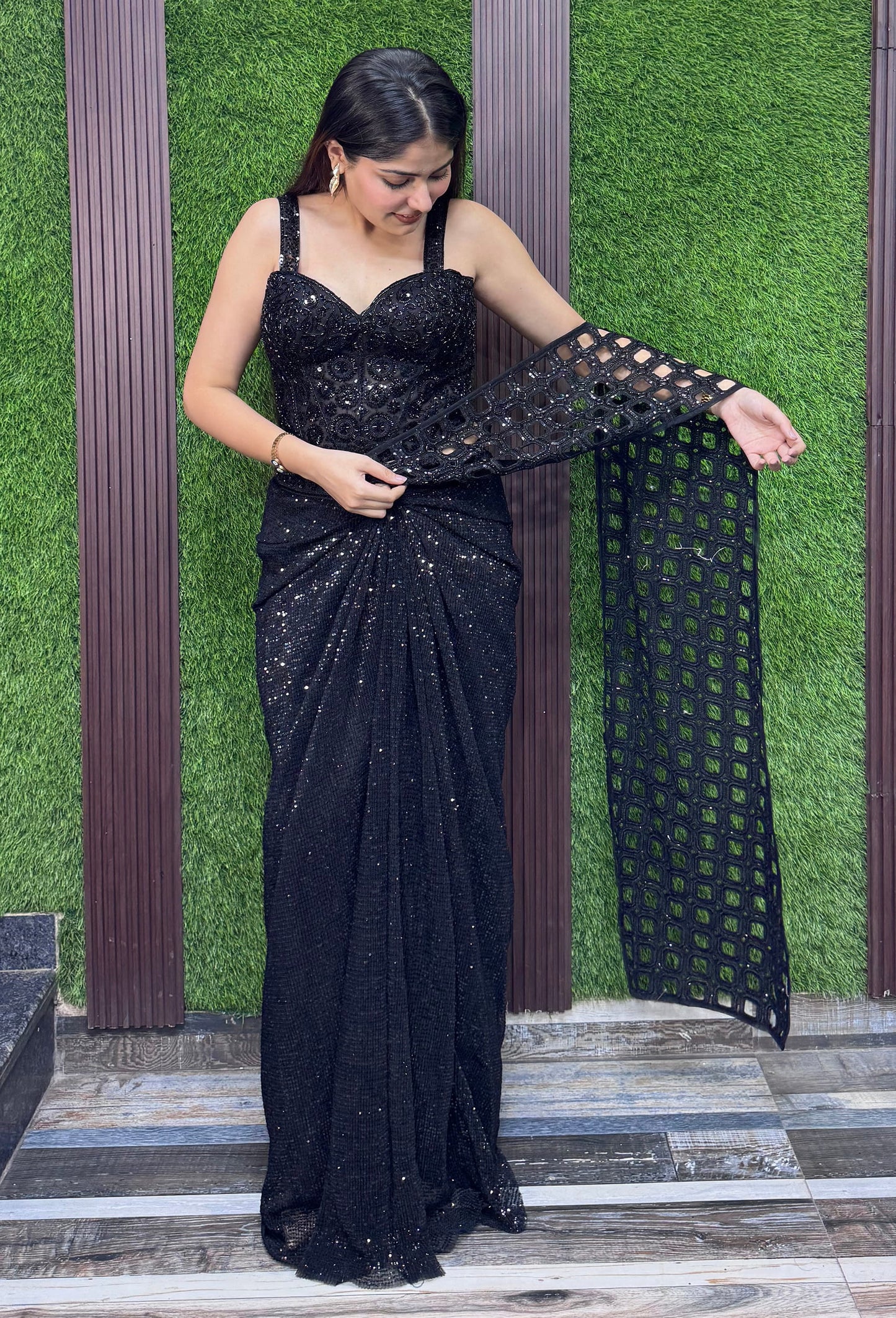 Black Heavy Readymade Draped Saree for Cocktail Party