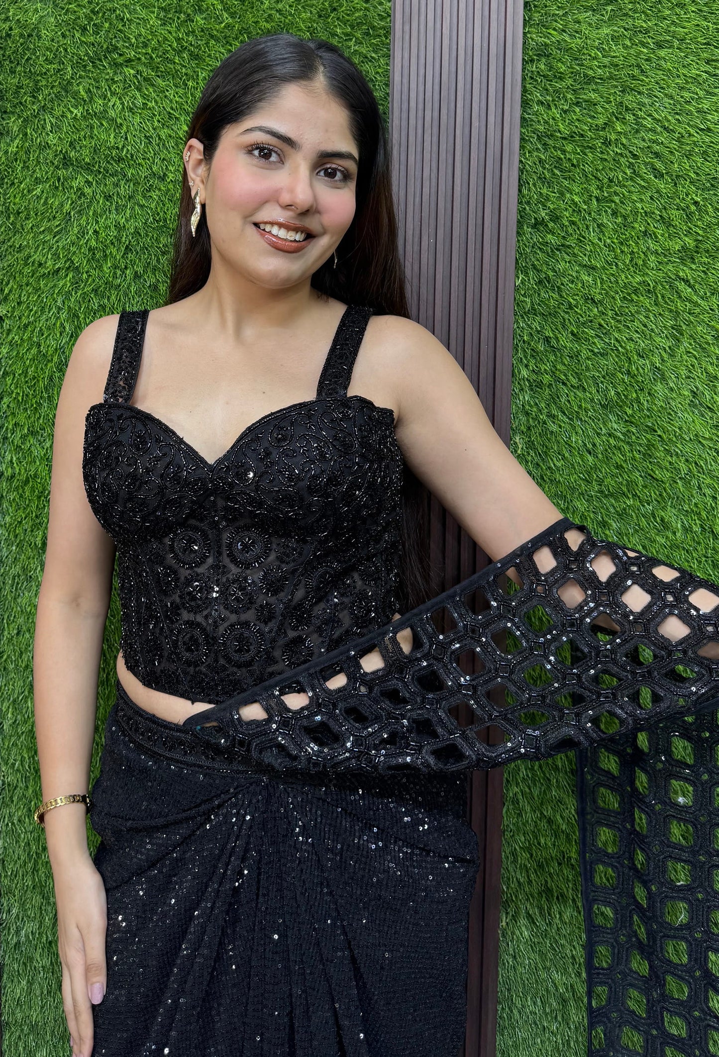 Black Heavy Readymade Draped Saree for Cocktail Party