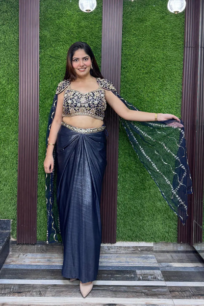 Shimmer Handwork Crop Top and Tulip Skirt Set with Cape Sleeves