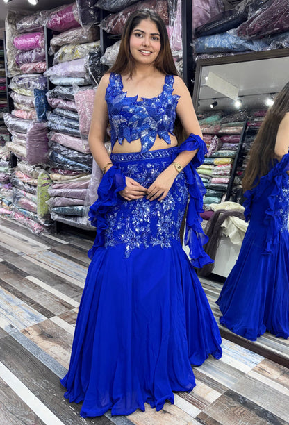 Electric Blue Hand Embellished Fishcut Lehenga Set