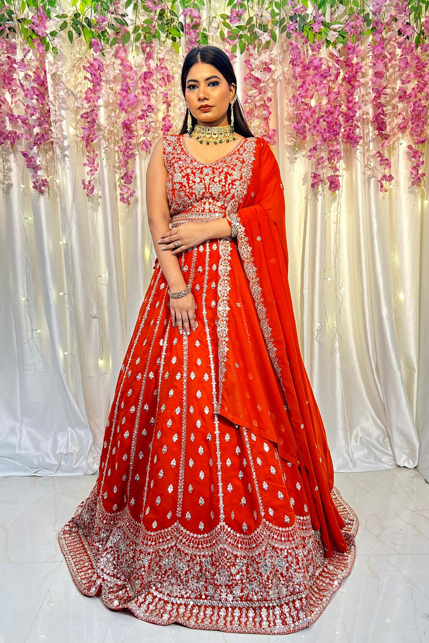 Full Flared Zari Embroidered Anarkali lehenga Choli In Georgette With Full Embroidered Duppatta