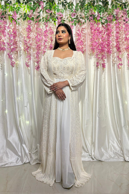 Indo Western Three Piece Dress With Chikan Thread Work Embroidery In Off White
