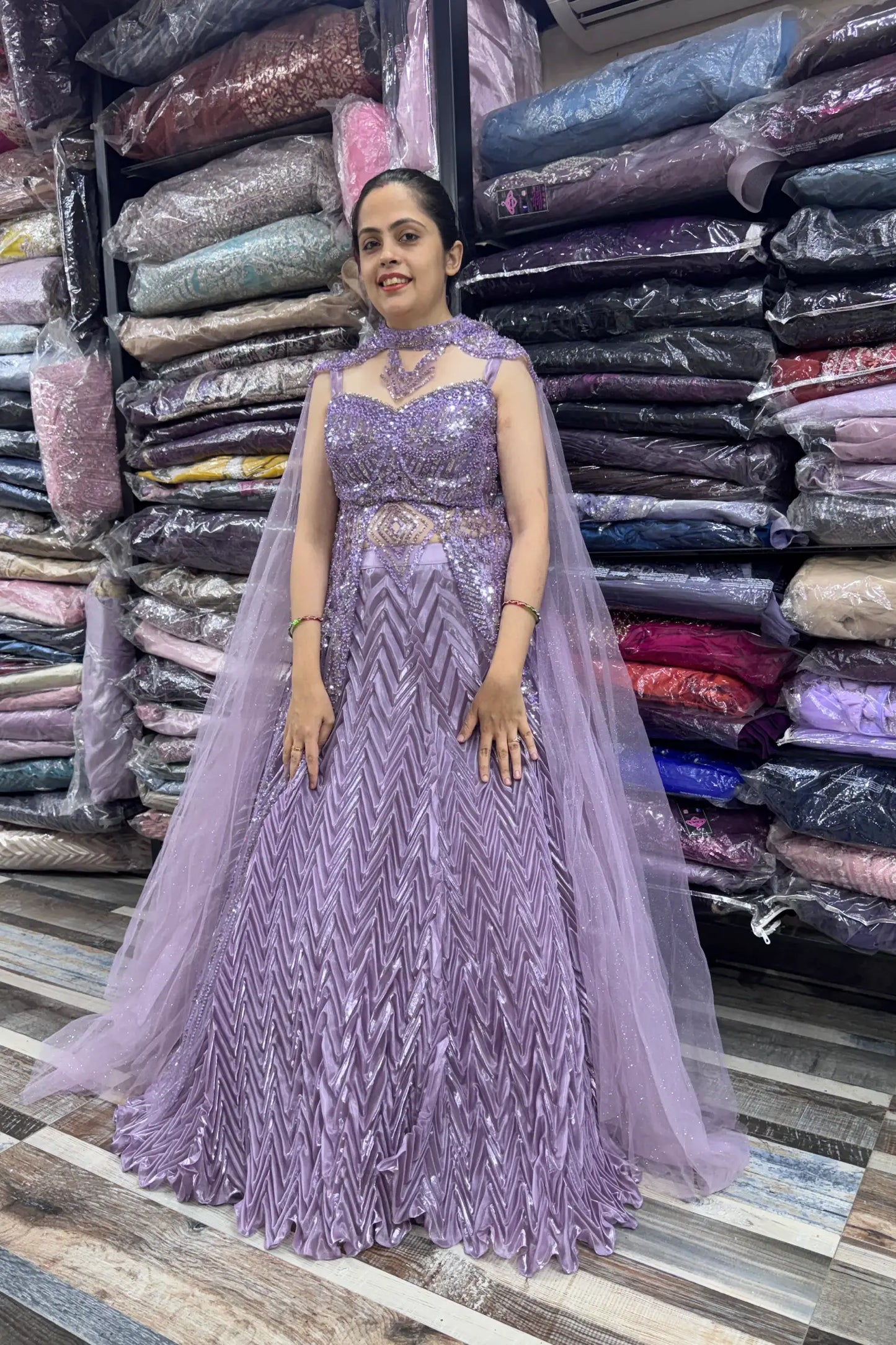 Handworked Indo-Western Pleated Lehenga with Designer Long Upper & Separate Cape
