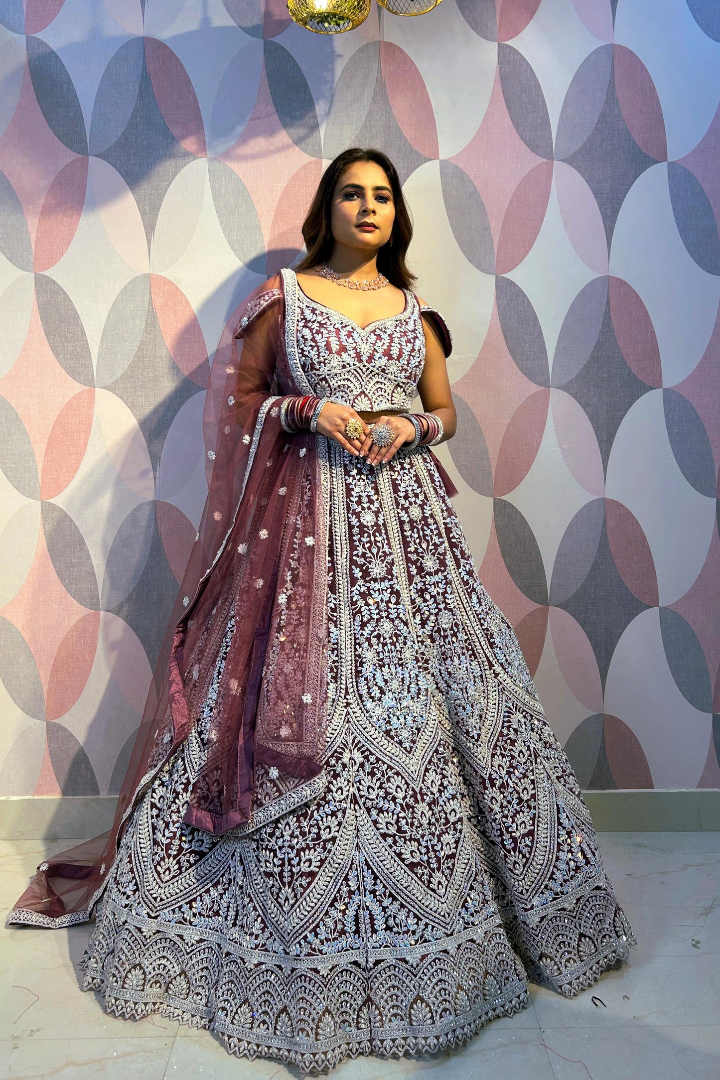 Heavy Embroidered Anarkali Lehenga With Pearl Beads Work On Net In Mauve