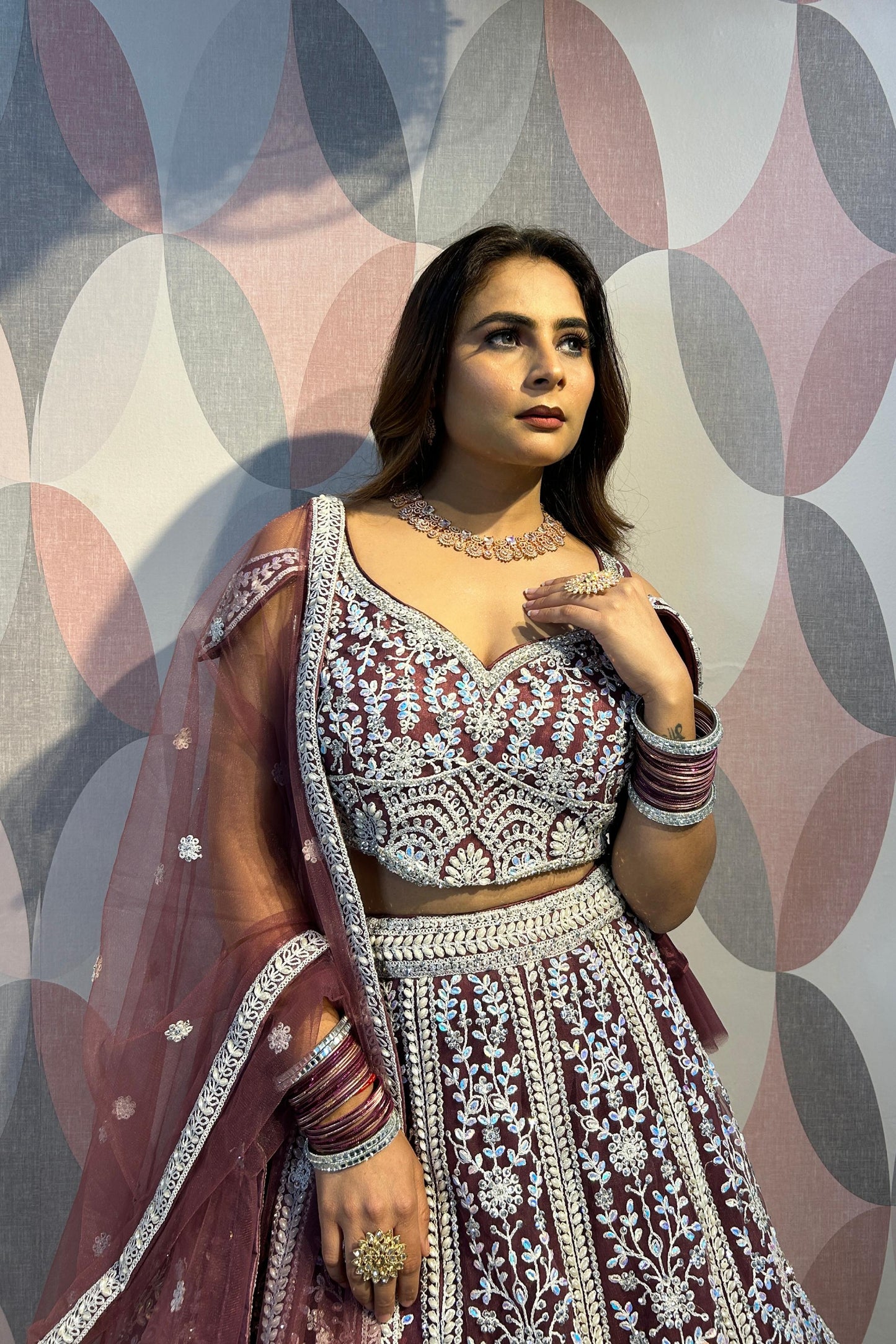 Heavy Embroidered Anarkali Lehenga With Pearl Beads Work On Net In Mauve