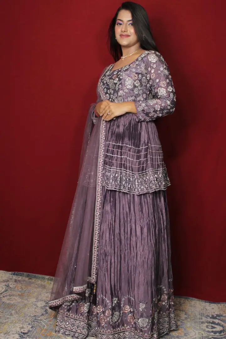 Indo Western Dress In Chinon With Duppatta In Lavender